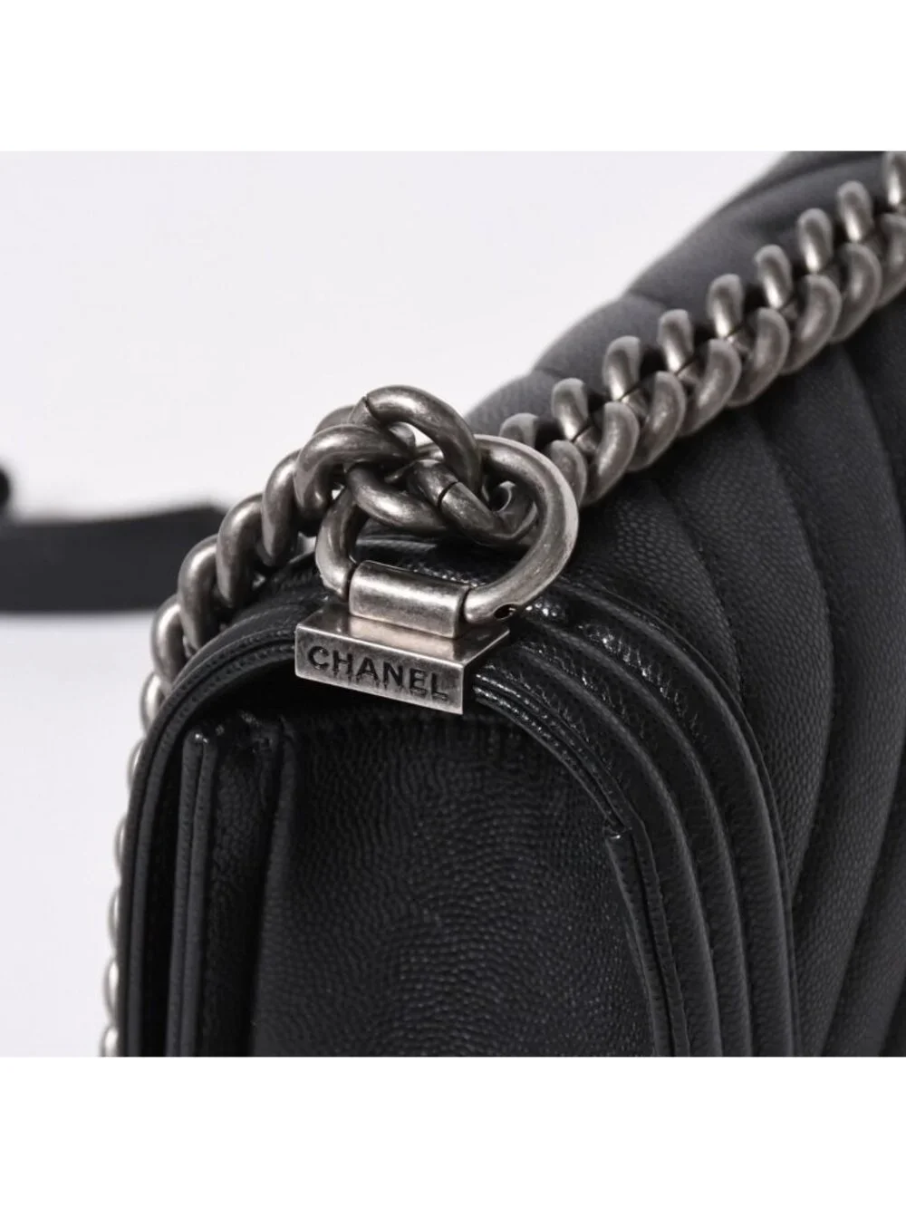 Chanel Boy Chain Shoulder Bag Chevron V-stitch CC Logo Black